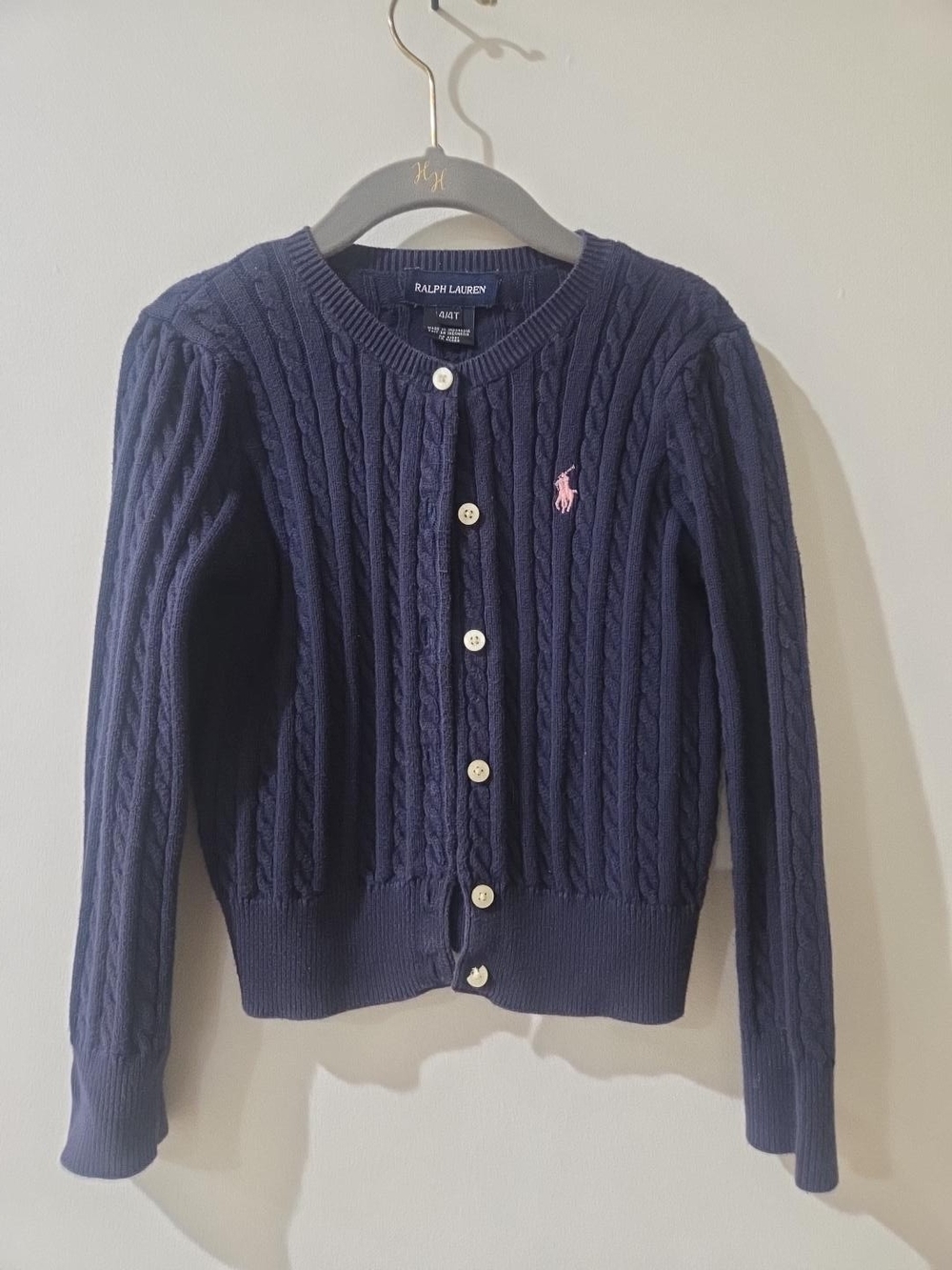 Ralph Lauren Navy Cable-Knit Cardigan with Pink Pony